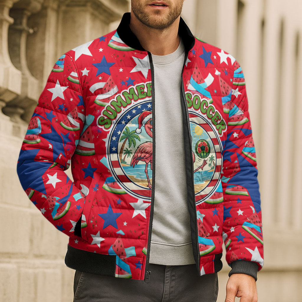 Christmas In July USA Soccer Bomber Puffer Jacket Surfing Santa Flamingo Summer Watermelon
