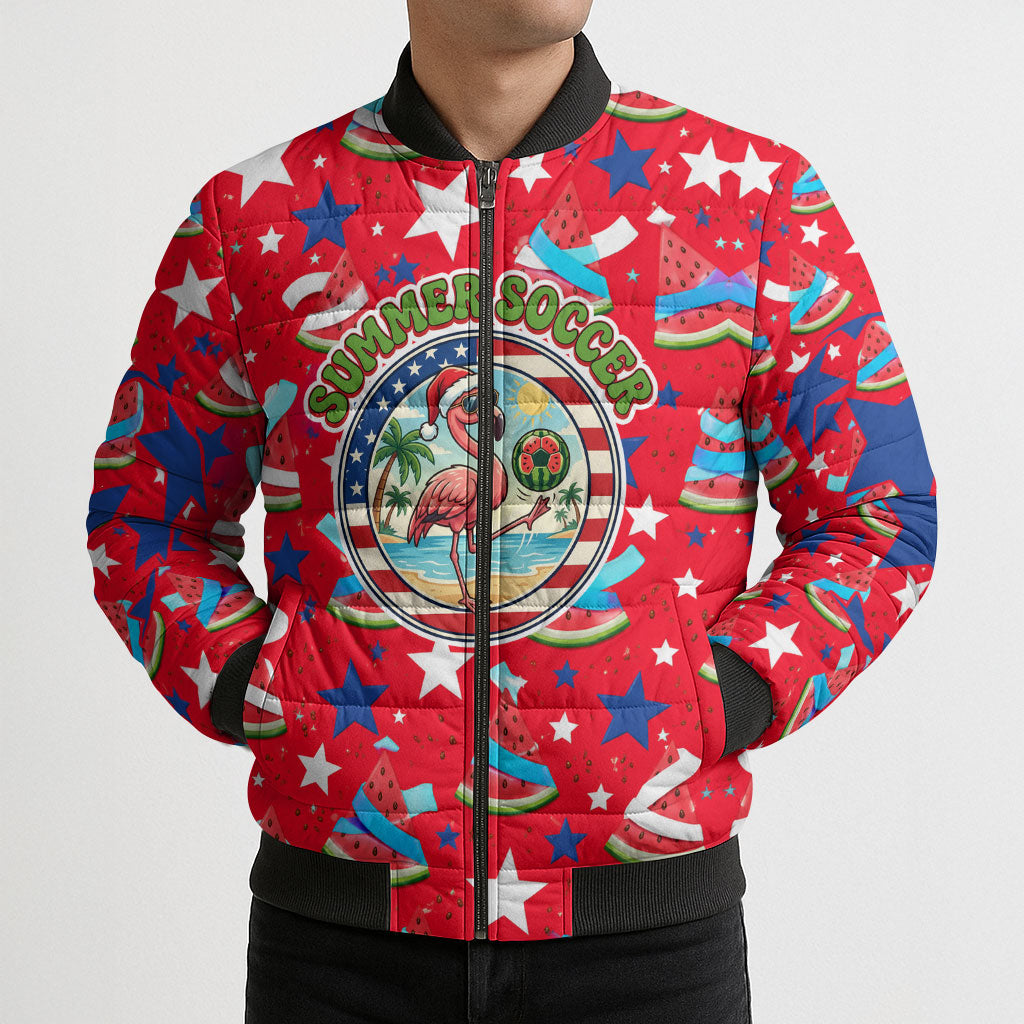 Christmas In July USA Soccer Bomber Puffer Jacket Surfing Santa Flamingo Summer Watermelon