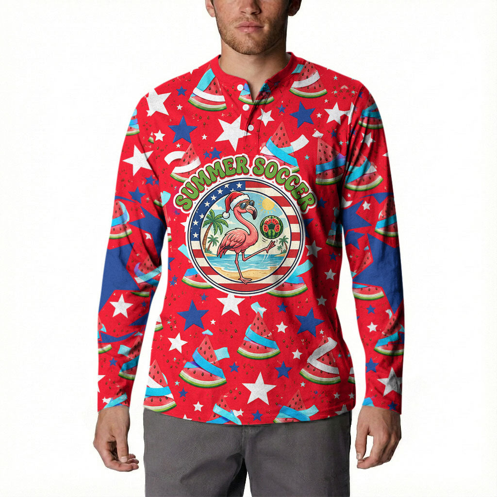 Christmas In July USA Soccer Button Sweatshirt Surfing Santa Flamingo Summer Watermelon