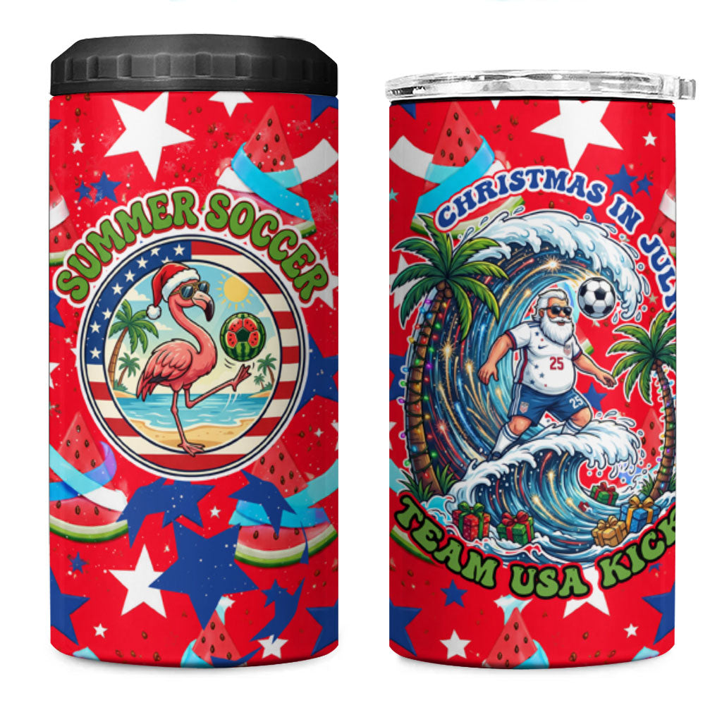 Christmas In July USA Soccer 4 in 1 Can Cooler Tumbler Surfing Santa Flamingo Summer Watermelon