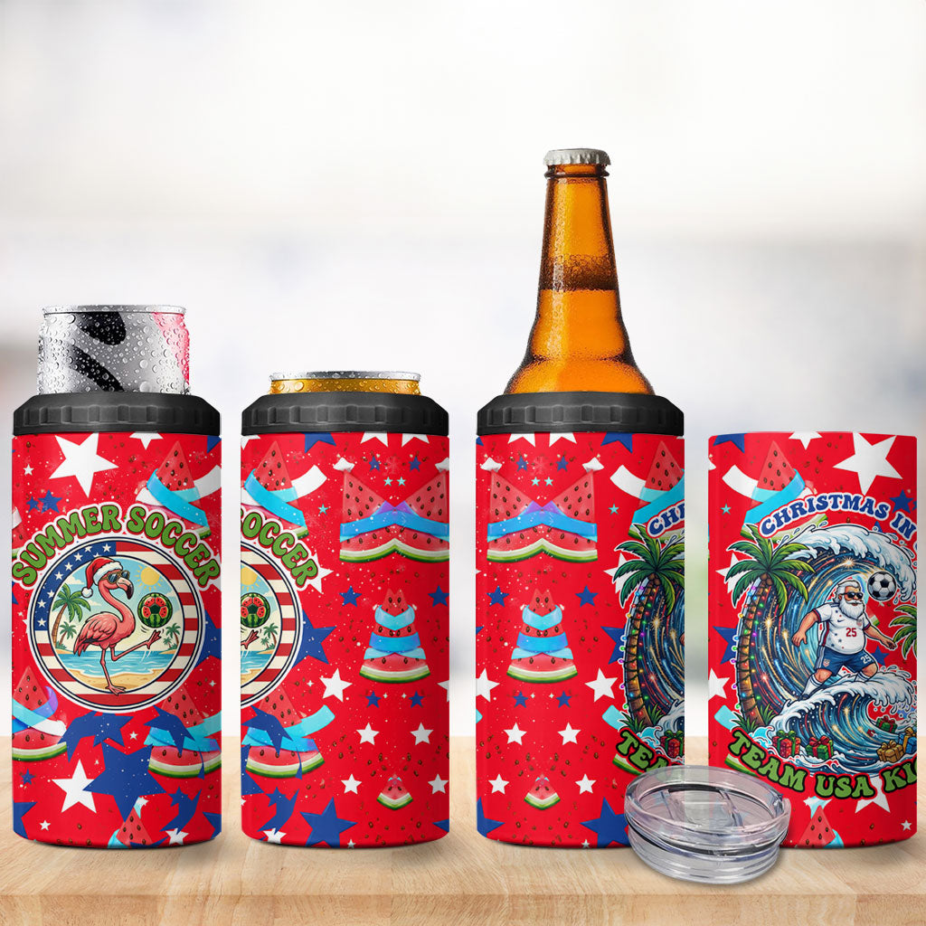 Christmas In July USA Soccer 4 in 1 Can Cooler Tumbler Surfing Santa Flamingo Summer Watermelon
