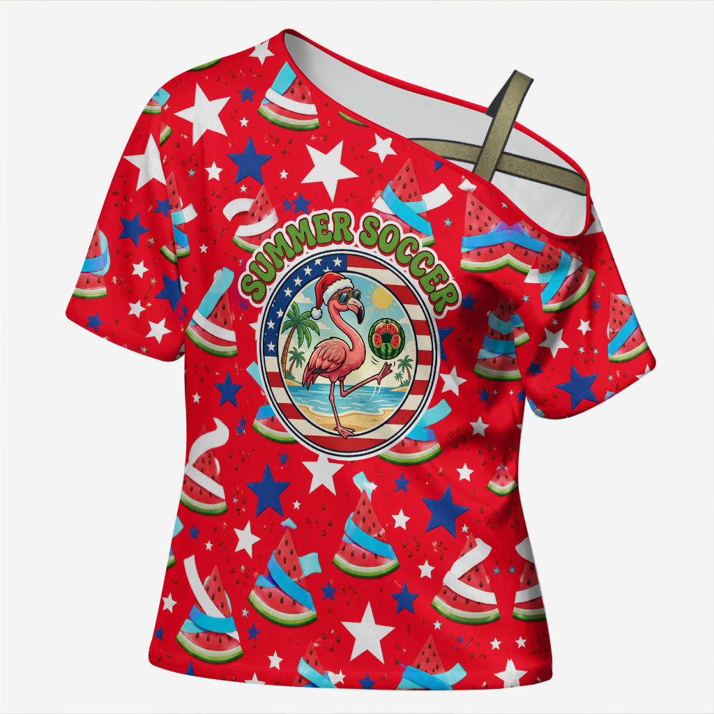 Christmas In July USA Soccer Cross Shoulder Shirt Surfing Santa Flamingo Summer Watermelon