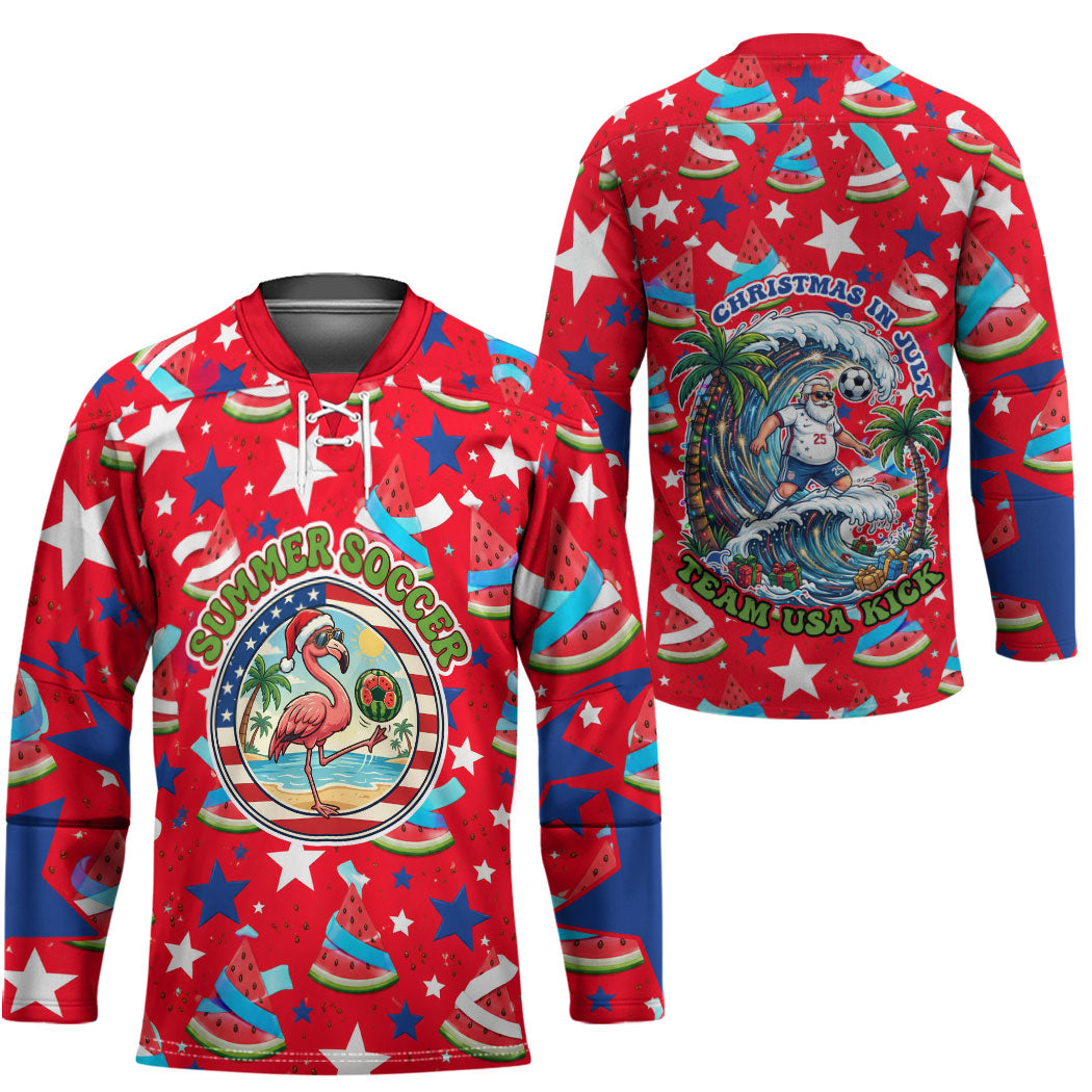 Christmas In July USA Soccer Hockey Jersey Surfing Santa Flamingo Summer Watermelon