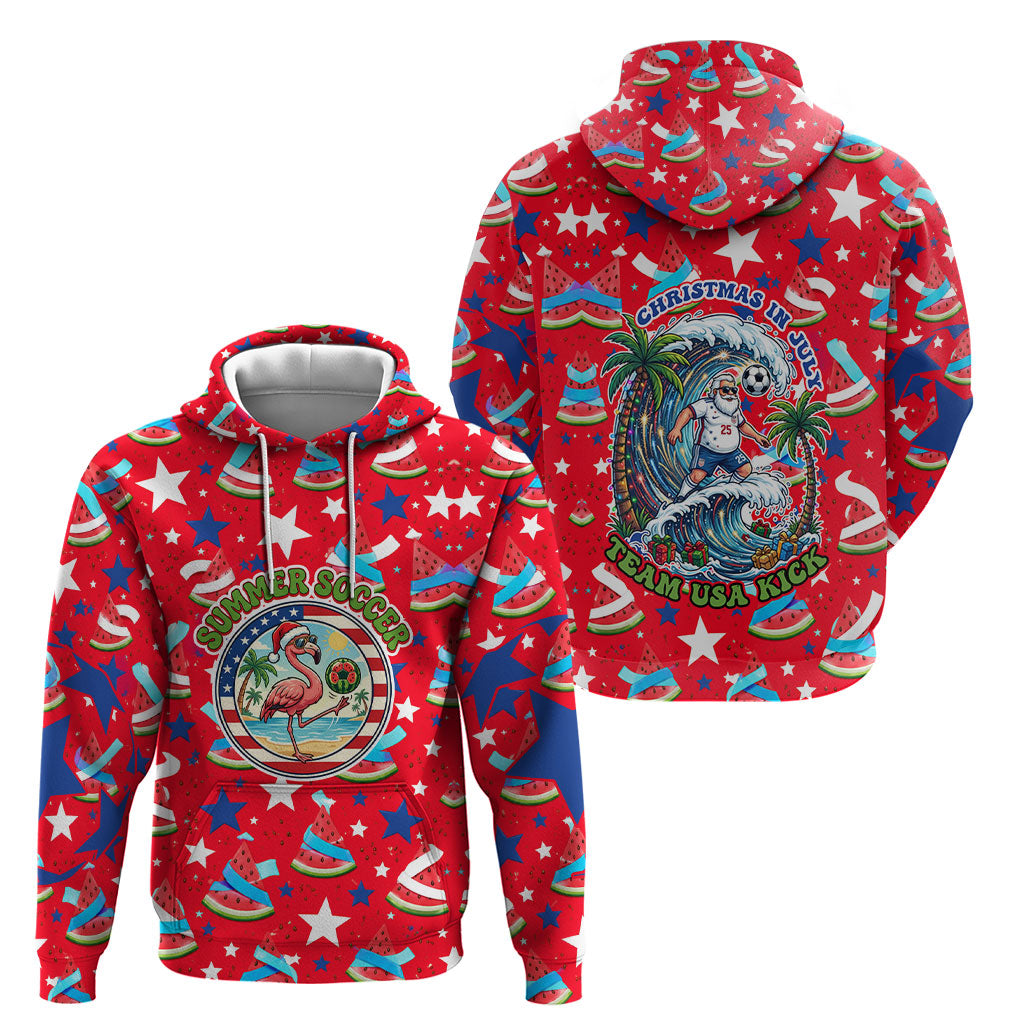 Christmas In July USA Soccer Hoodie Surfing Santa Flamingo Summer Watermelon