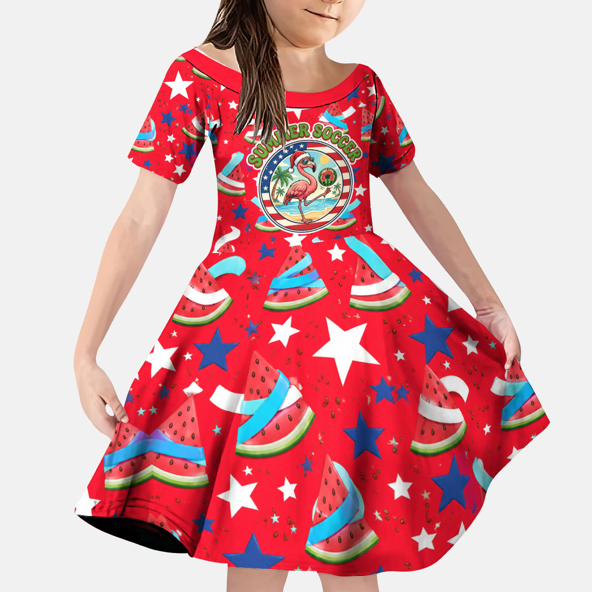 Christmas In July USA Soccer Kid Short Sleeve Dress Surfing Santa Flamingo Summer Watermelon