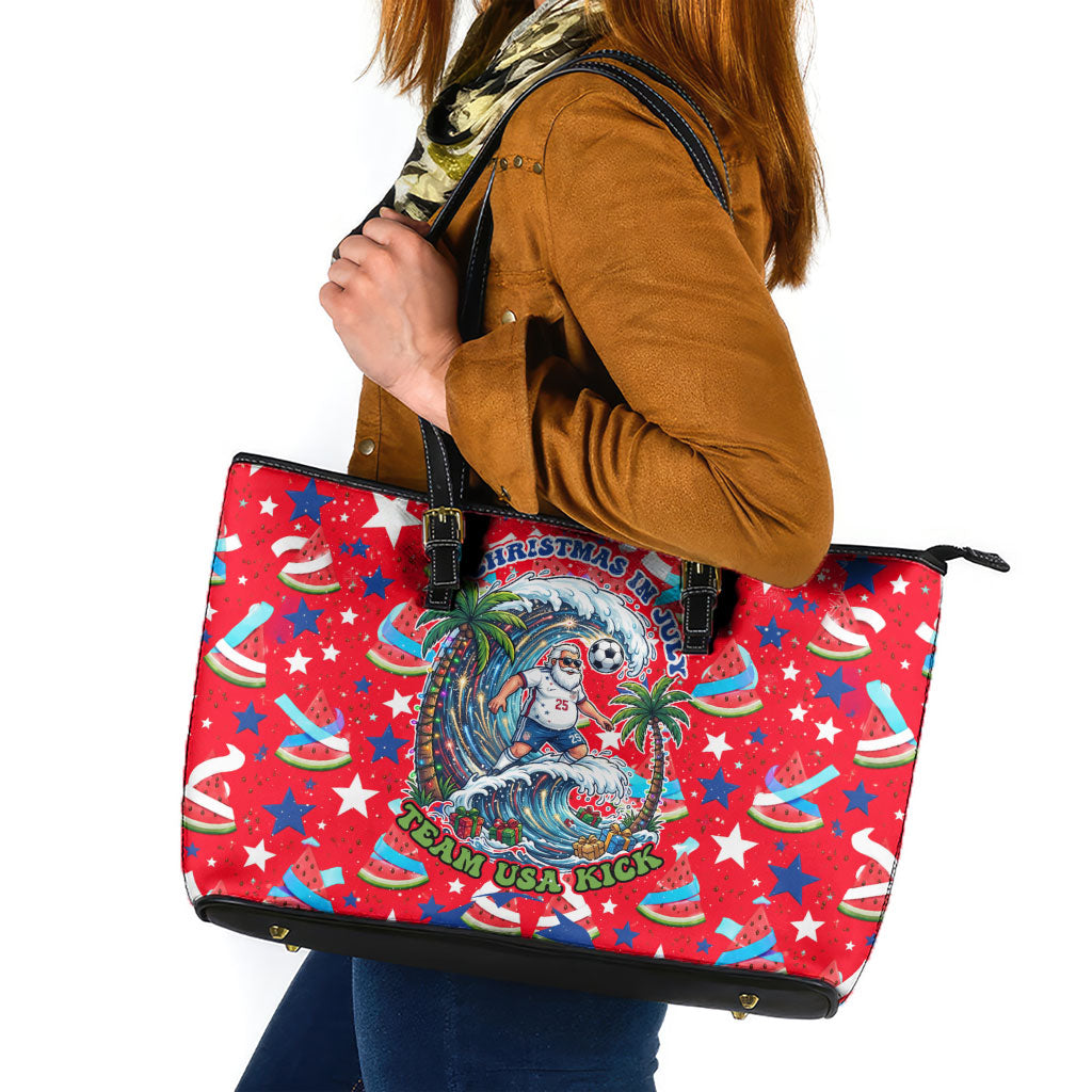 Christmas In July USA Soccer Leather Tote Bag Surfing Santa Flamingo Summer Watermelon