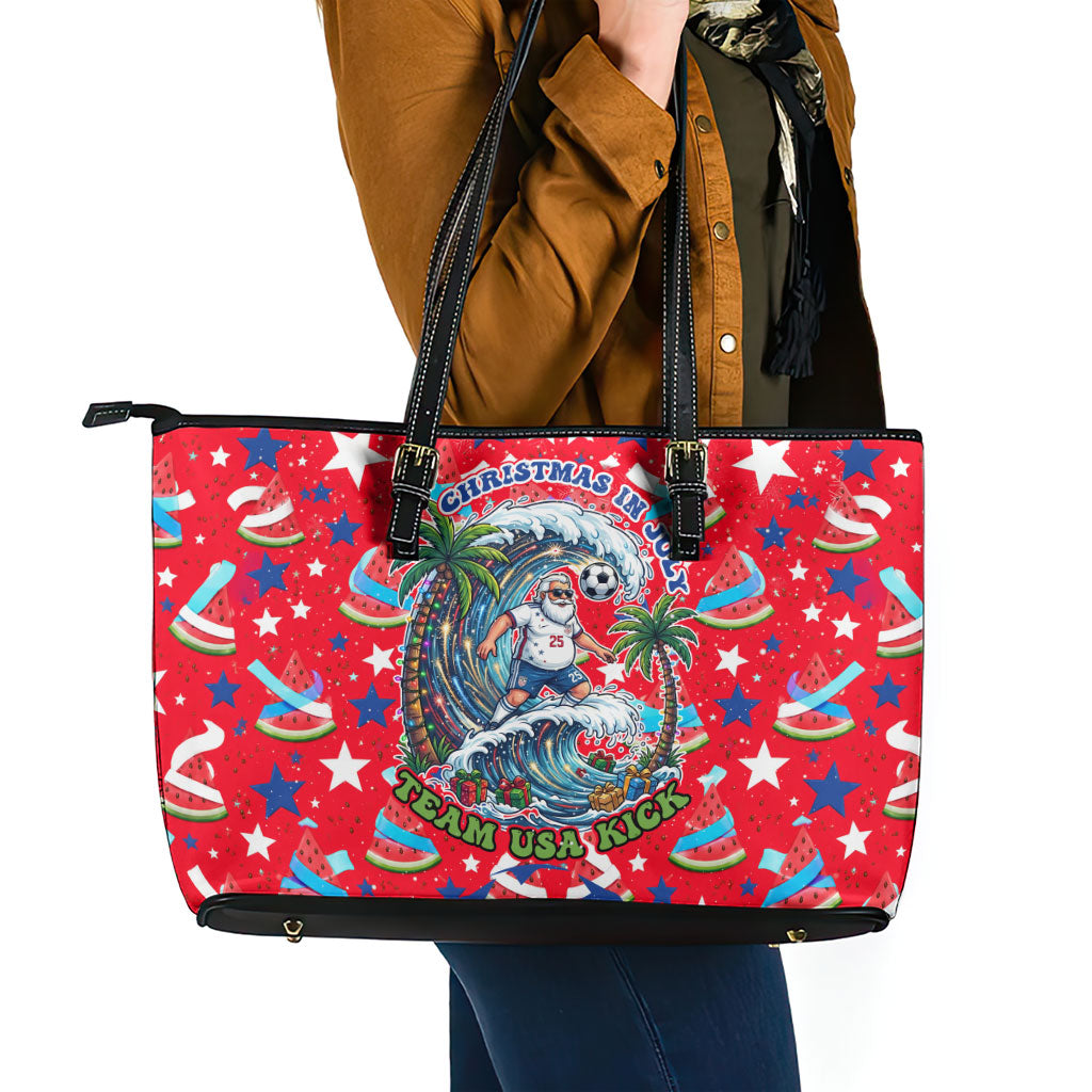Christmas In July USA Soccer Leather Tote Bag Surfing Santa Flamingo Summer Watermelon
