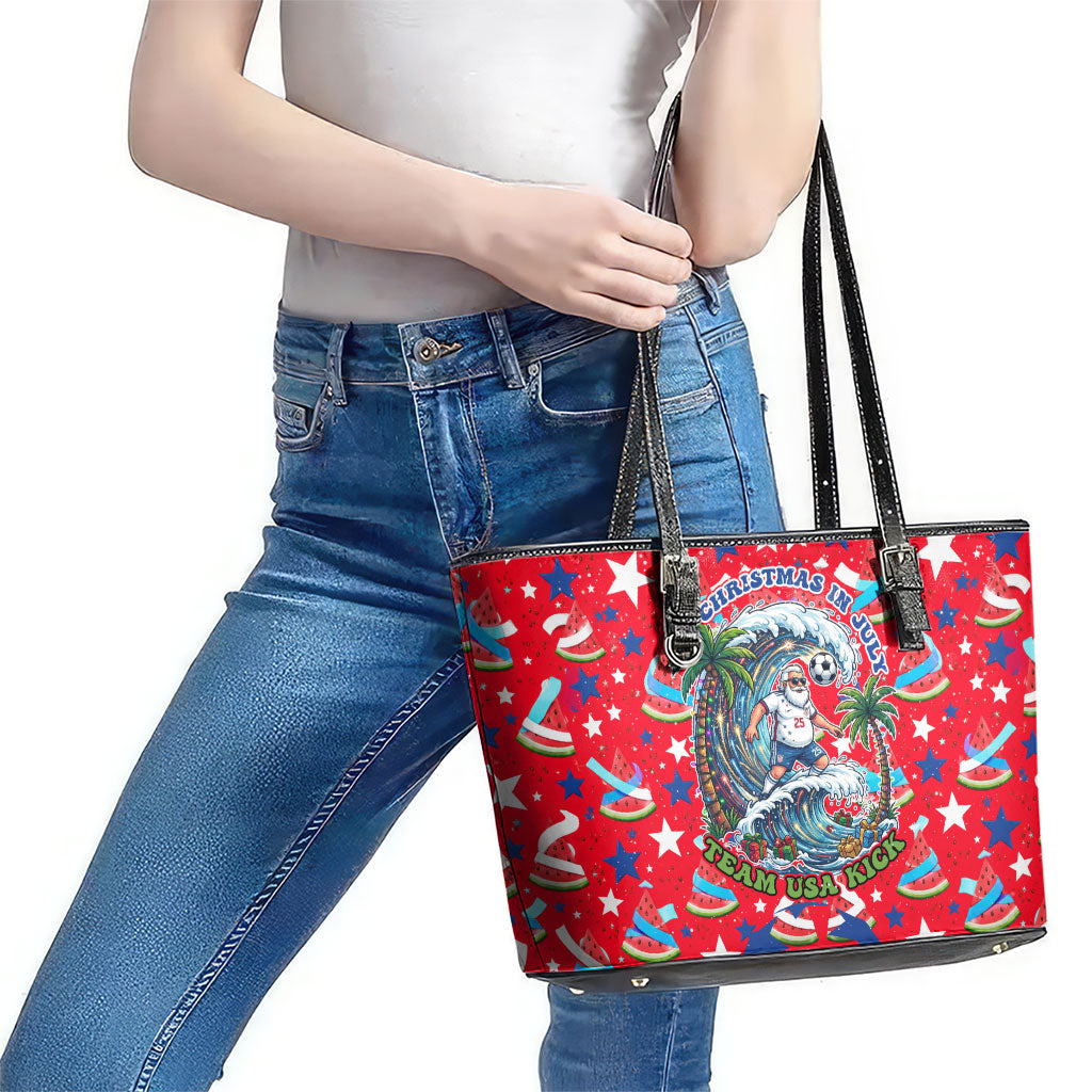 Christmas In July USA Soccer Leather Tote Bag Surfing Santa Flamingo Summer Watermelon