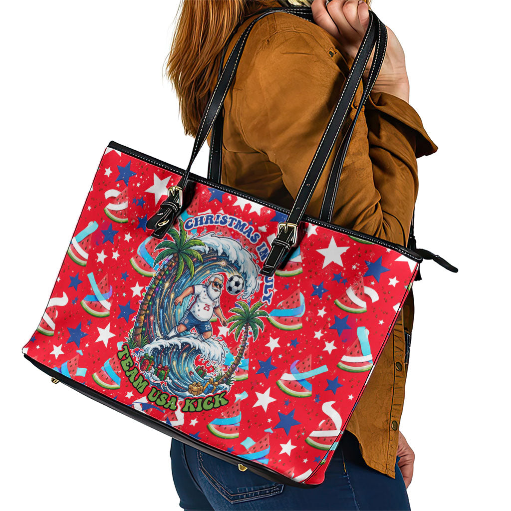 Christmas In July USA Soccer Leather Tote Bag Surfing Santa Flamingo Summer Watermelon