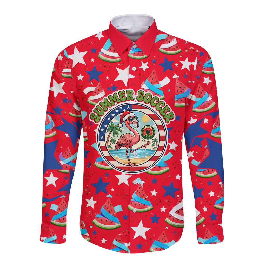 Christmas In July USA Soccer Long Sleeve Button Shirt Surfing Santa Flamingo Summer Watermelon
