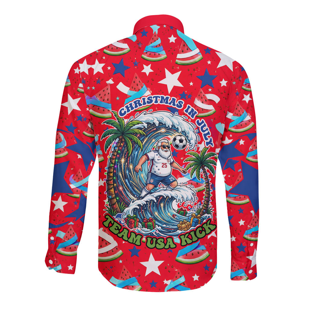 Christmas In July USA Soccer Long Sleeve Button Shirt Surfing Santa Flamingo Summer Watermelon