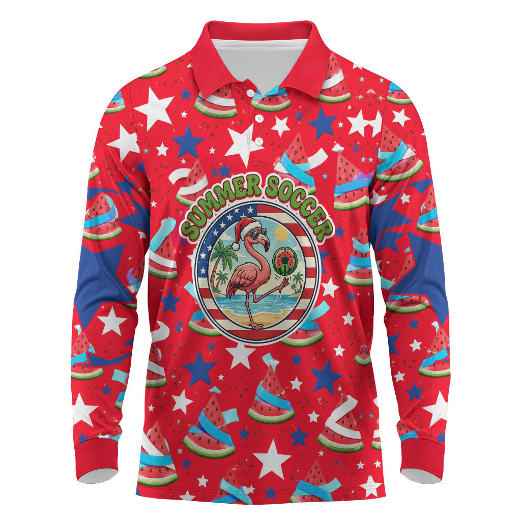 Christmas In July USA Soccer Long Sleeve Polo Shirt Surfing Santa Flamingo Summer Watermelon