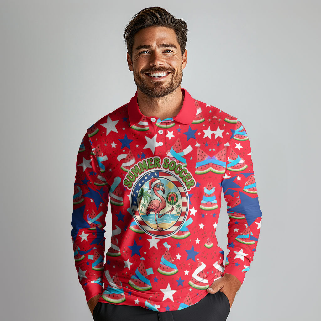 Christmas In July USA Soccer Long Sleeve Polo Shirt Surfing Santa Flamingo Summer Watermelon