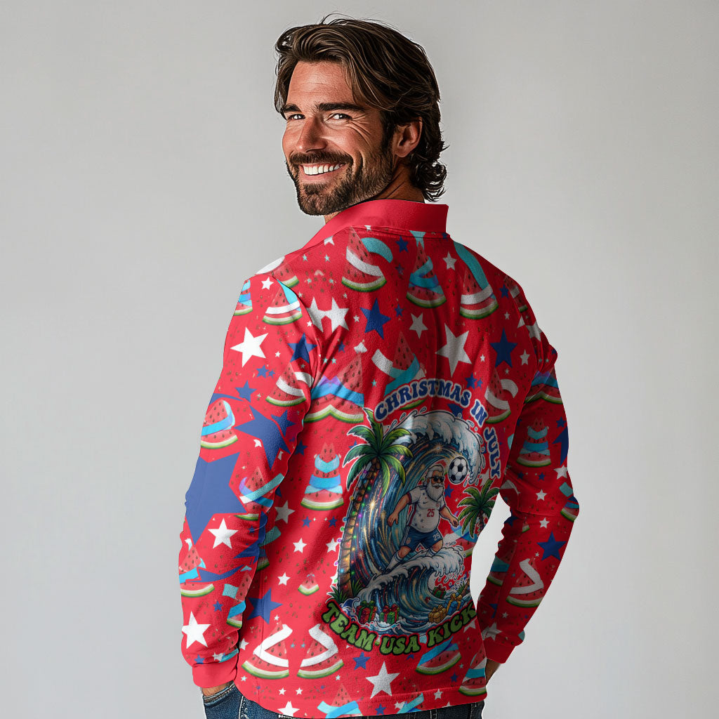 Christmas In July USA Soccer Long Sleeve Polo Shirt Surfing Santa Flamingo Summer Watermelon