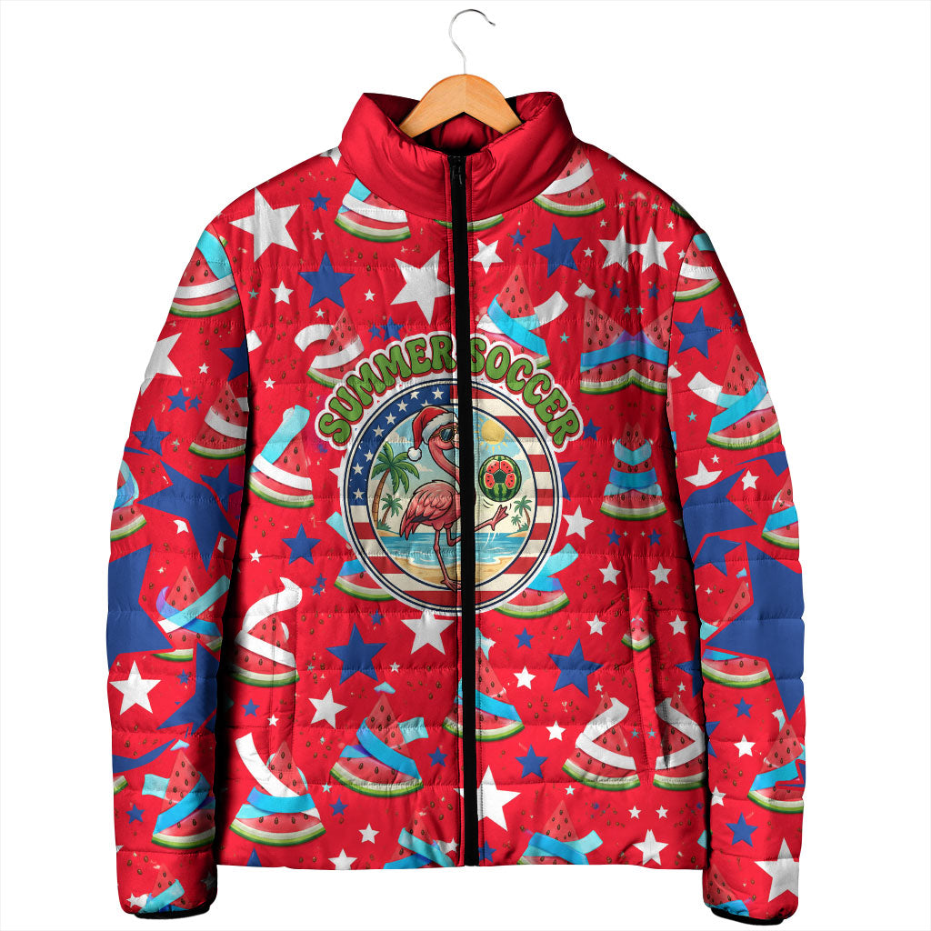 Christmas In July USA Soccer Padded Jacket Surfing Santa Flamingo Summer Watermelon