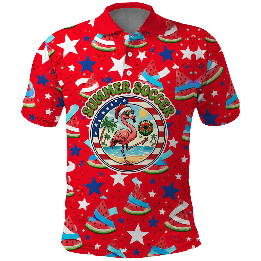 Christmas In July USA Soccer Polo Shirt Surfing Santa Flamingo Summer Watermelon