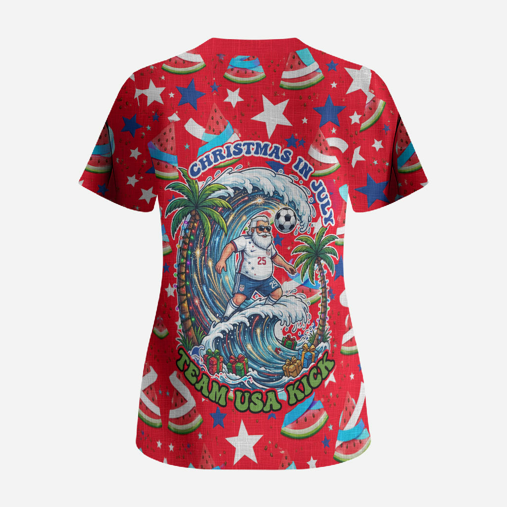 Christmas In July USA Soccer Scrub Top Surfing Santa Flamingo Summer Watermelon