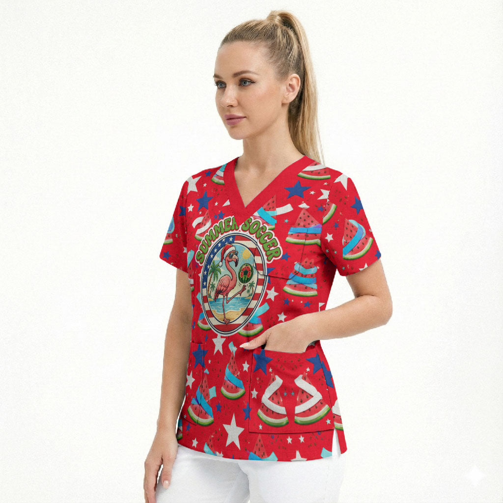 Christmas In July USA Soccer Scrub Top Surfing Santa Flamingo Summer Watermelon