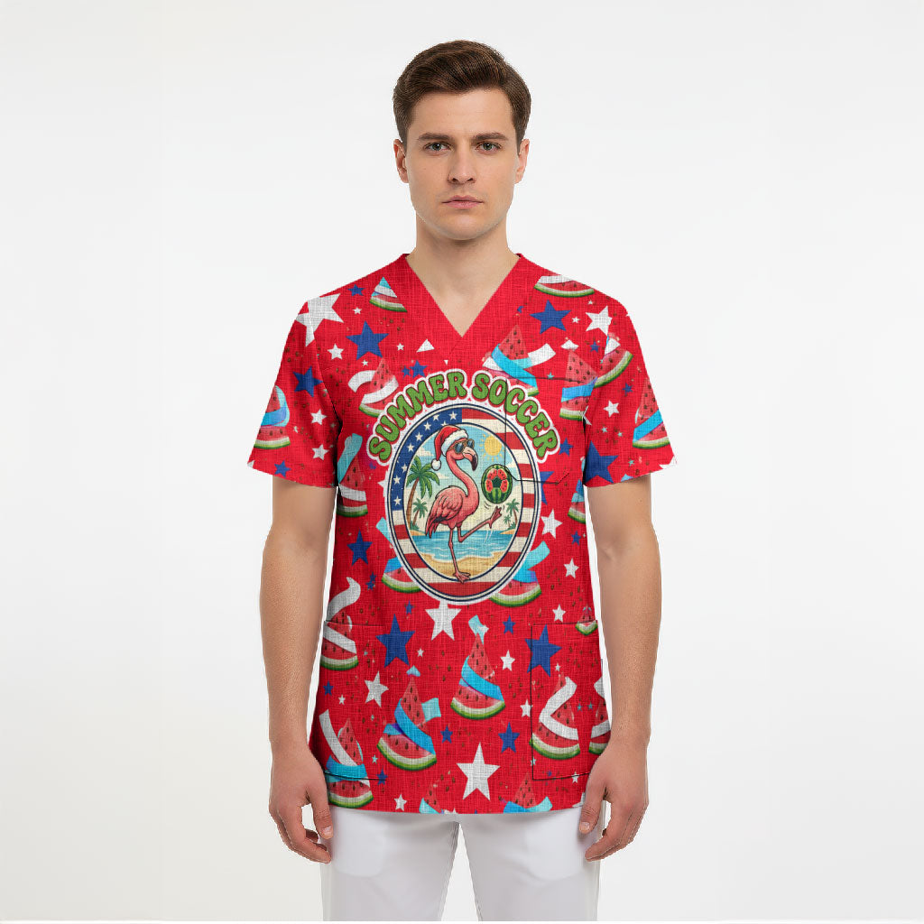 Christmas In July USA Soccer Scrub Top Surfing Santa Flamingo Summer Watermelon