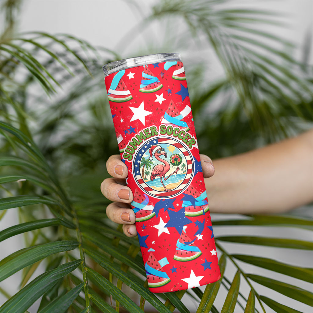 Christmas In July USA Soccer Skinny Tumbler Surfing Santa Flamingo Summer Watermelon