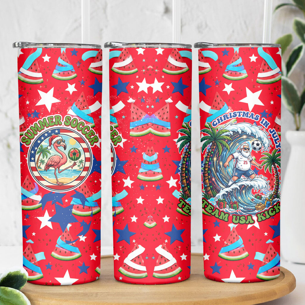Christmas In July USA Soccer Skinny Tumbler Surfing Santa Flamingo Summer Watermelon