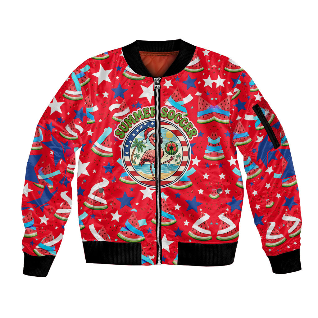 Christmas In July USA Soccer Sleeve Zip Bomber Jacket Surfing Santa Flamingo Summer Watermelon