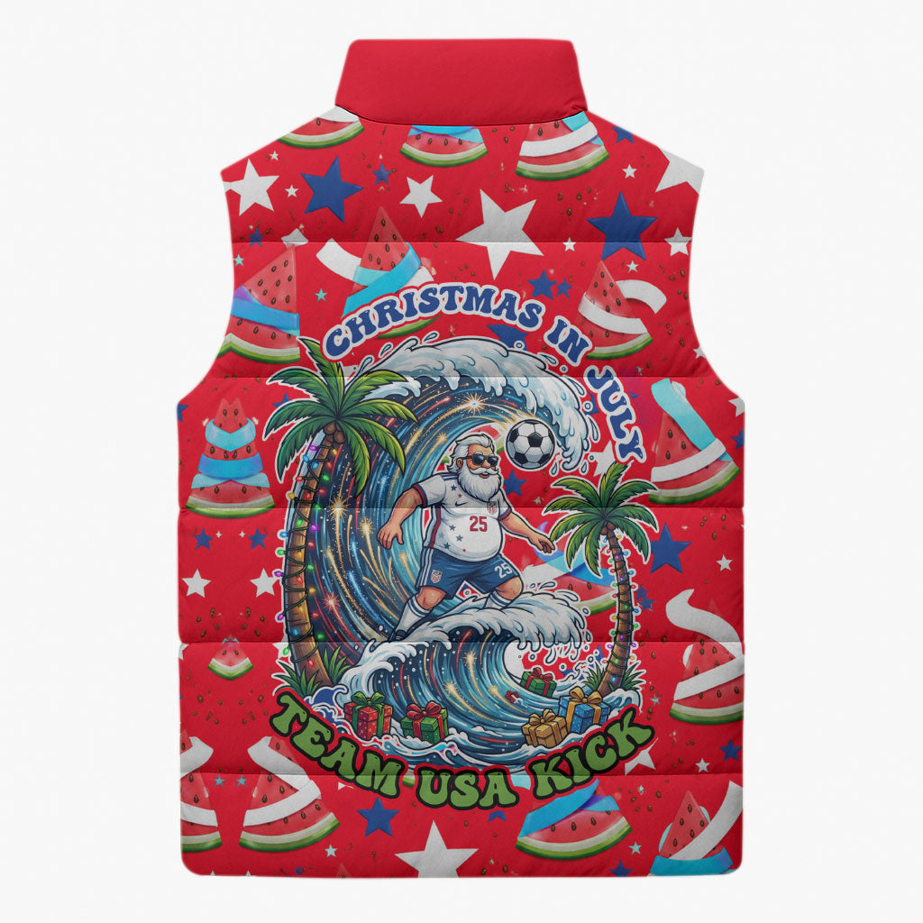 Christmas In July USA Soccer Sleeveless Puffer Jacket Surfing Santa Flamingo Summer Watermelon