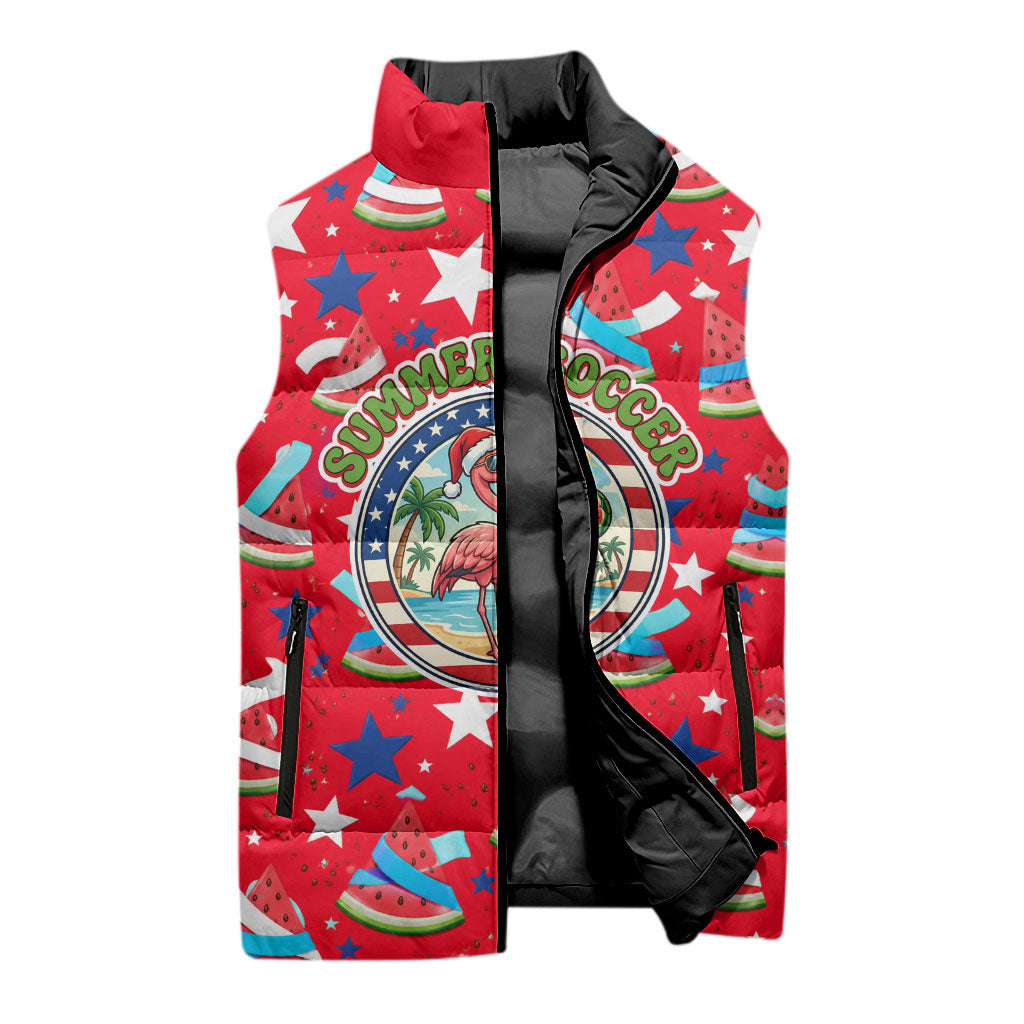 Christmas In July USA Soccer Sleeveless Puffer Jacket Surfing Santa Flamingo Summer Watermelon