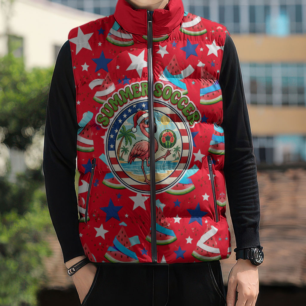 Christmas In July USA Soccer Sleeveless Puffer Jacket Surfing Santa Flamingo Summer Watermelon