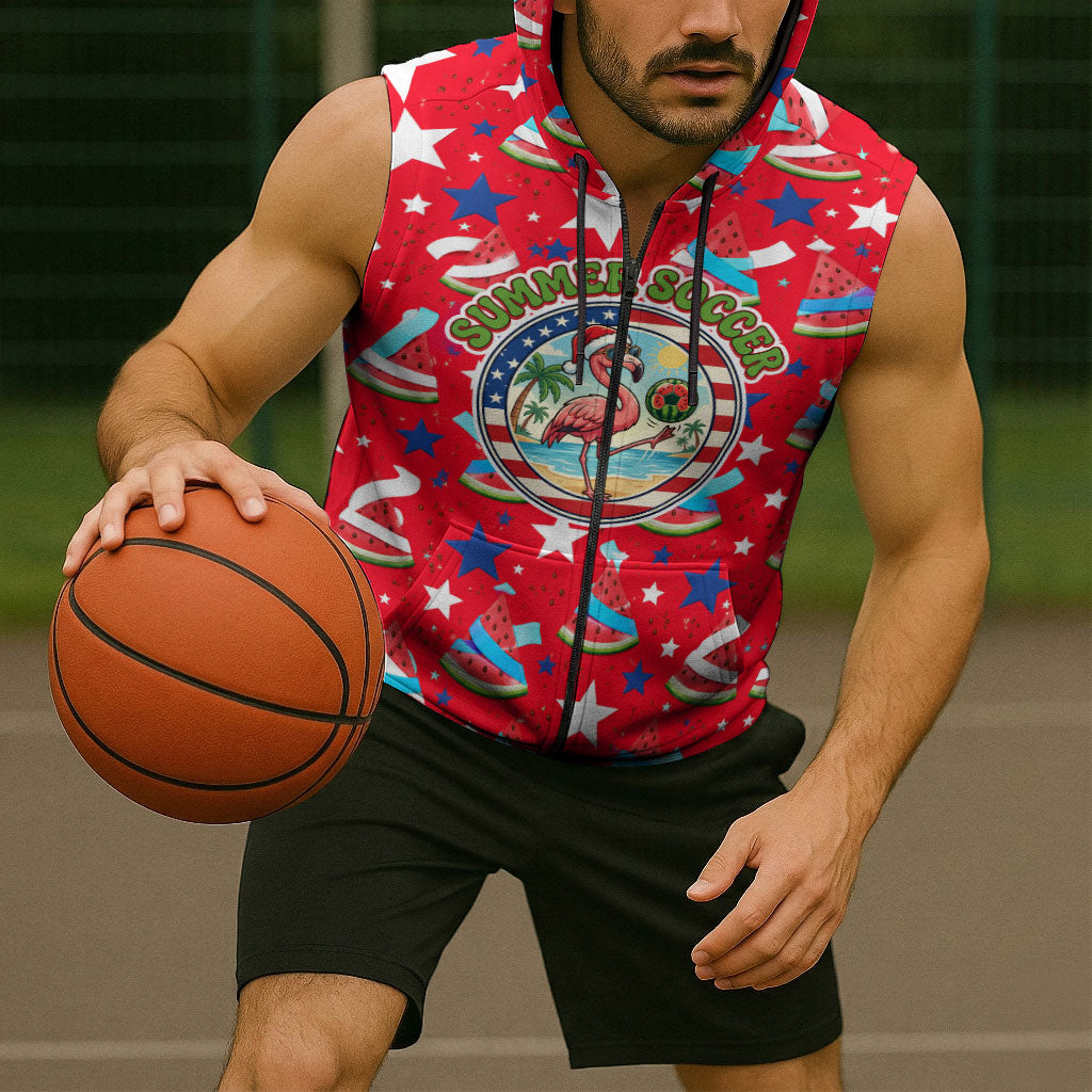 Christmas In July USA Soccer Sleeveless Zip Hoodie Surfing Santa Flamingo Summer Watermelon