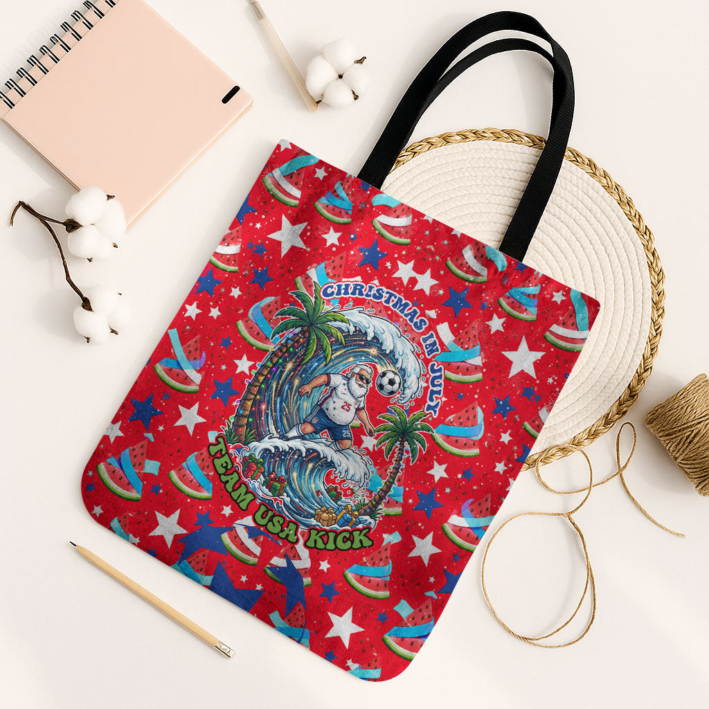 Christmas In July USA Soccer Tote Bag Surfing Santa Flamingo Summer Watermelon