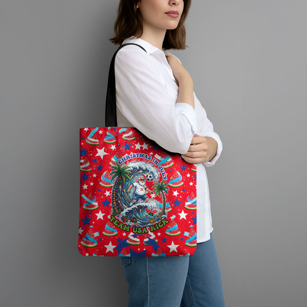Christmas In July USA Soccer Tote Bag Surfing Santa Flamingo Summer Watermelon
