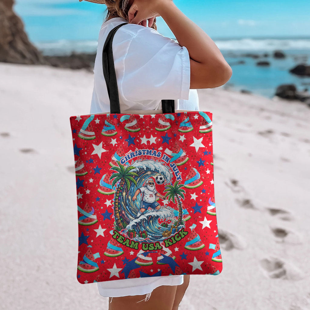 Christmas In July USA Soccer Tote Bag Surfing Santa Flamingo Summer Watermelon