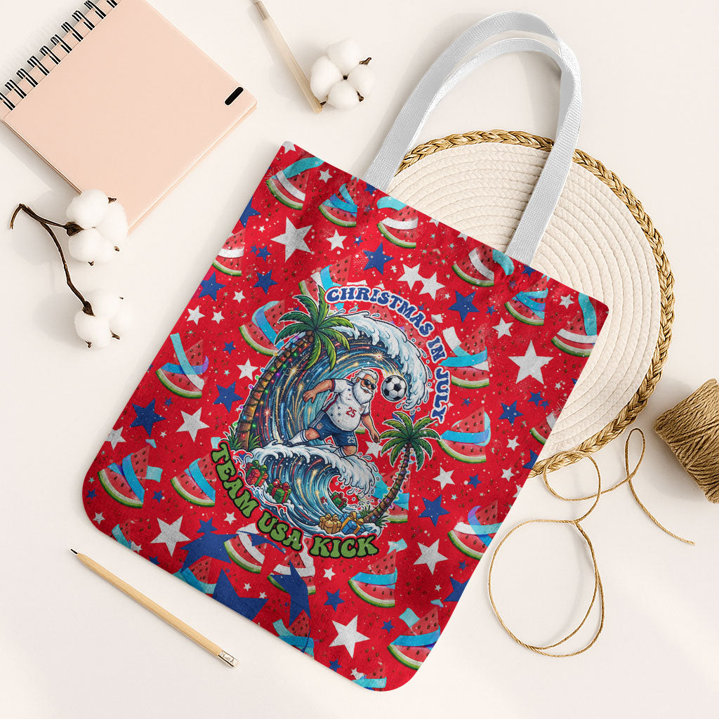 Christmas In July USA Soccer Tote Bag Surfing Santa Flamingo Summer Watermelon
