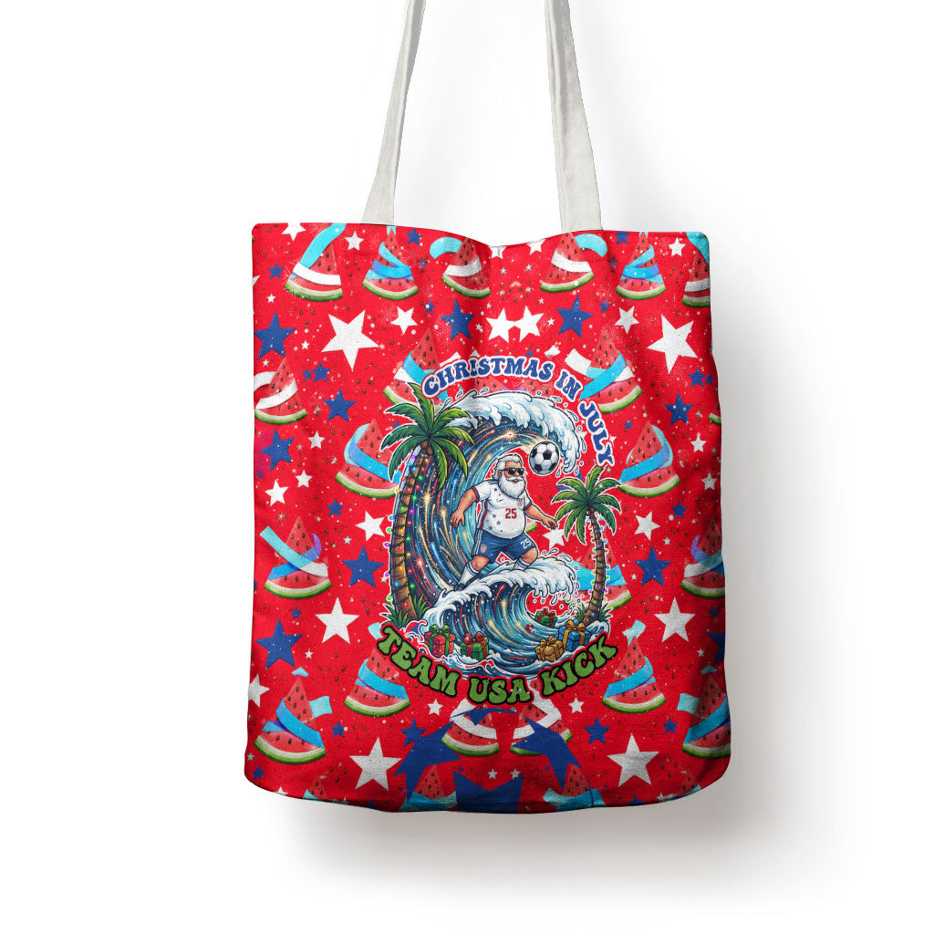 Christmas In July USA Soccer Tote Bag Surfing Santa Flamingo Summer Watermelon