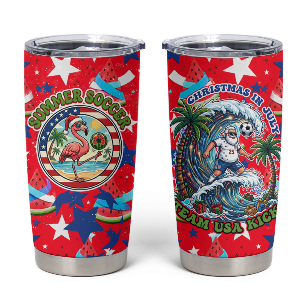 Christmas In July USA Soccer Tumbler Cup Surfing Santa Flamingo Summer Watermelon