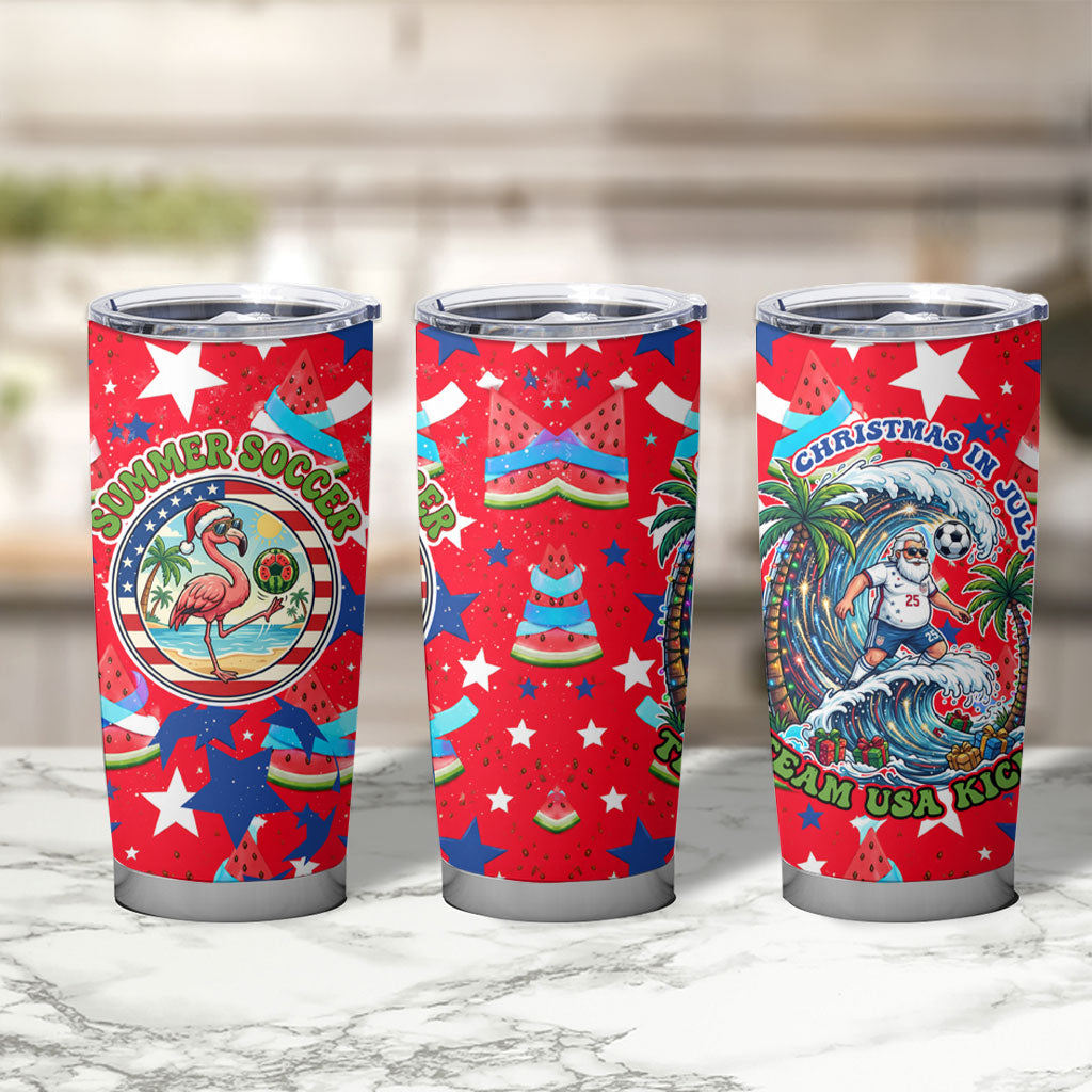 Christmas In July USA Soccer Tumbler Cup Surfing Santa Flamingo Summer Watermelon