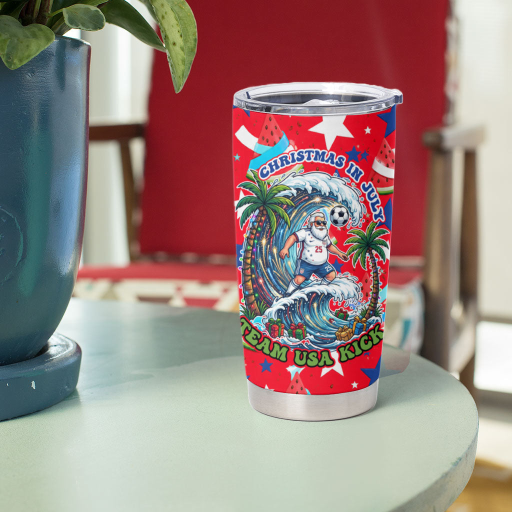 Christmas In July USA Soccer Tumbler Cup Surfing Santa Flamingo Summer Watermelon