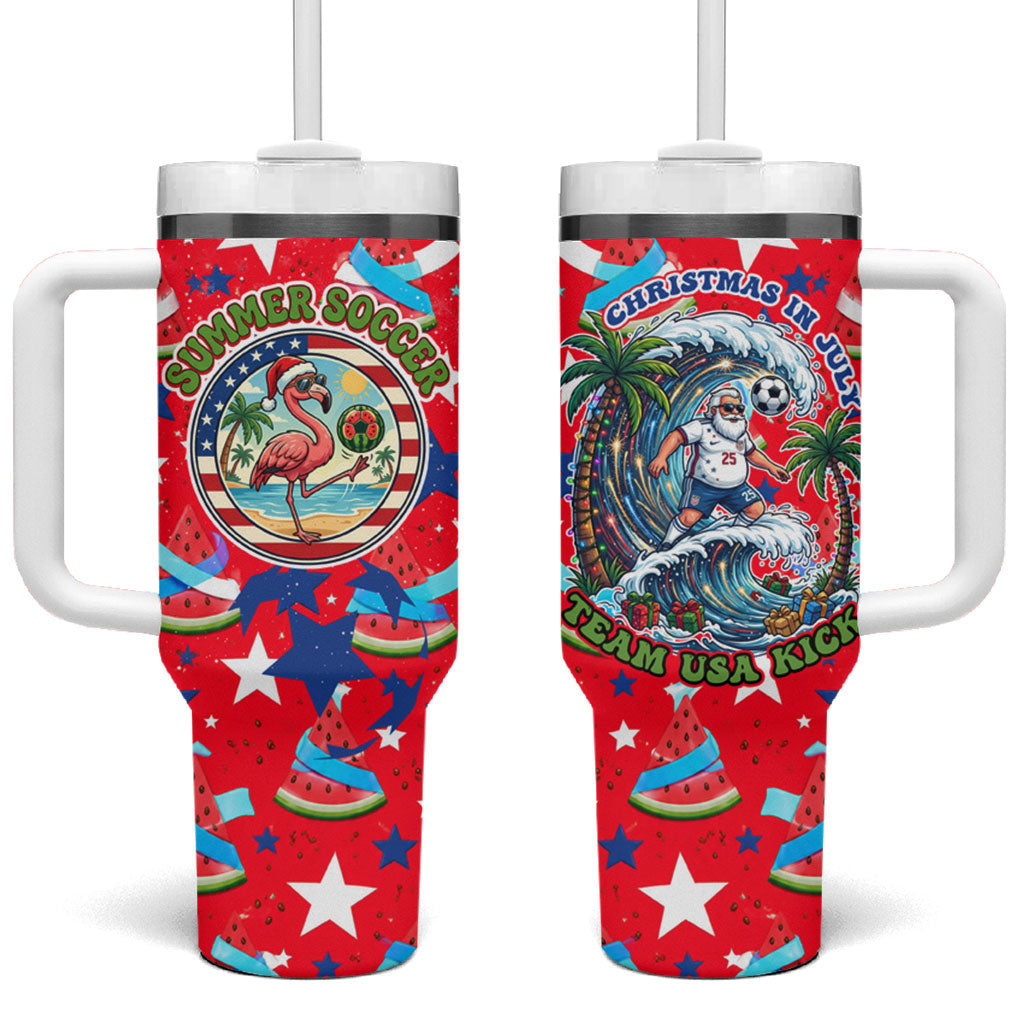Christmas In July USA Soccer Tumbler With Handle Surfing Santa Flamingo Summer Watermelon