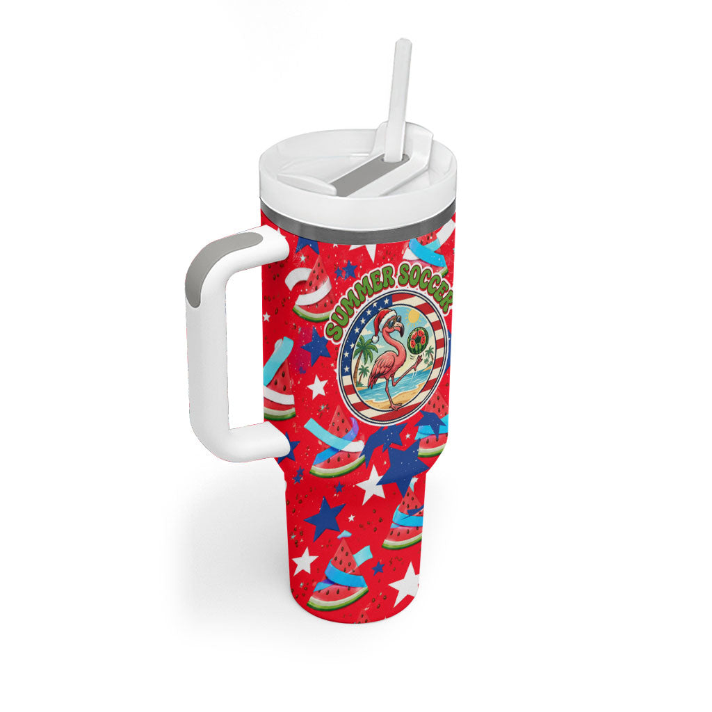 Christmas In July USA Soccer Tumbler With Handle Surfing Santa Flamingo Summer Watermelon