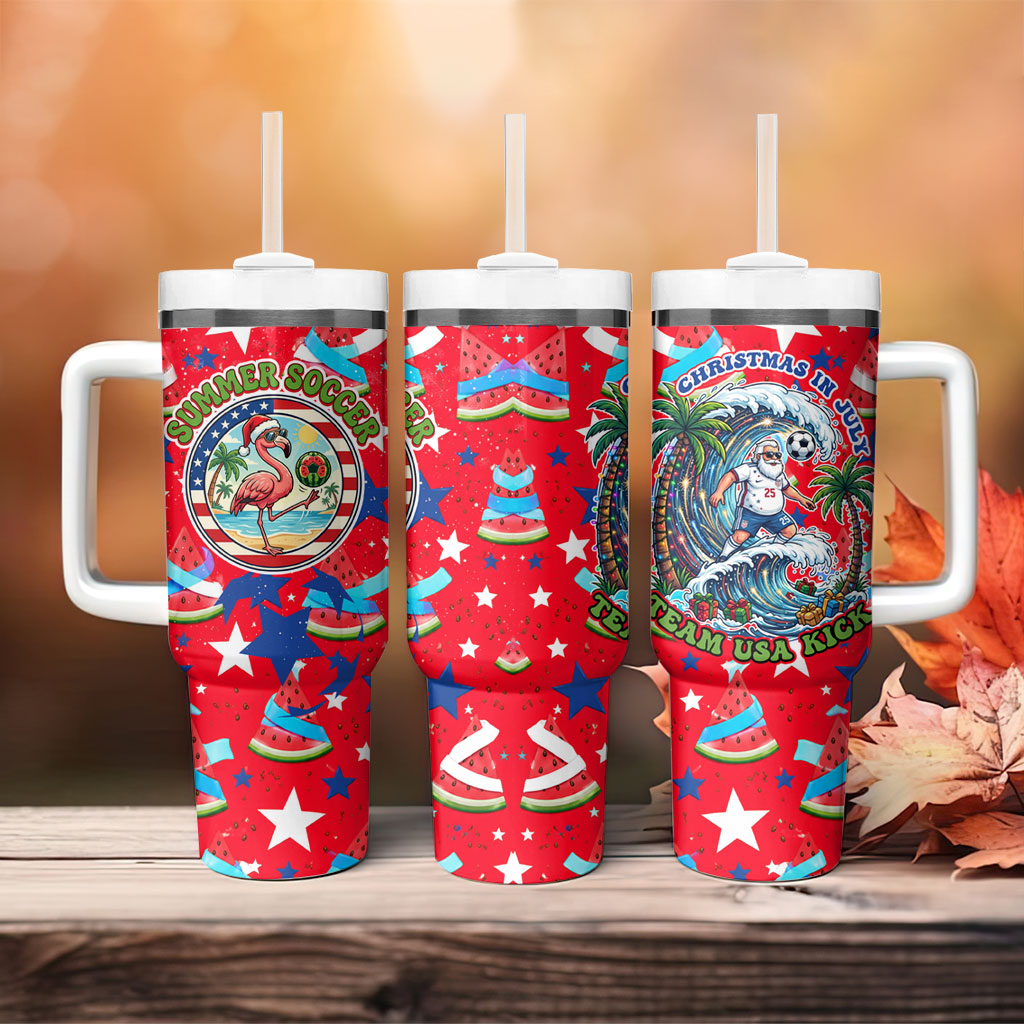 Christmas In July USA Soccer Tumbler With Handle Surfing Santa Flamingo Summer Watermelon