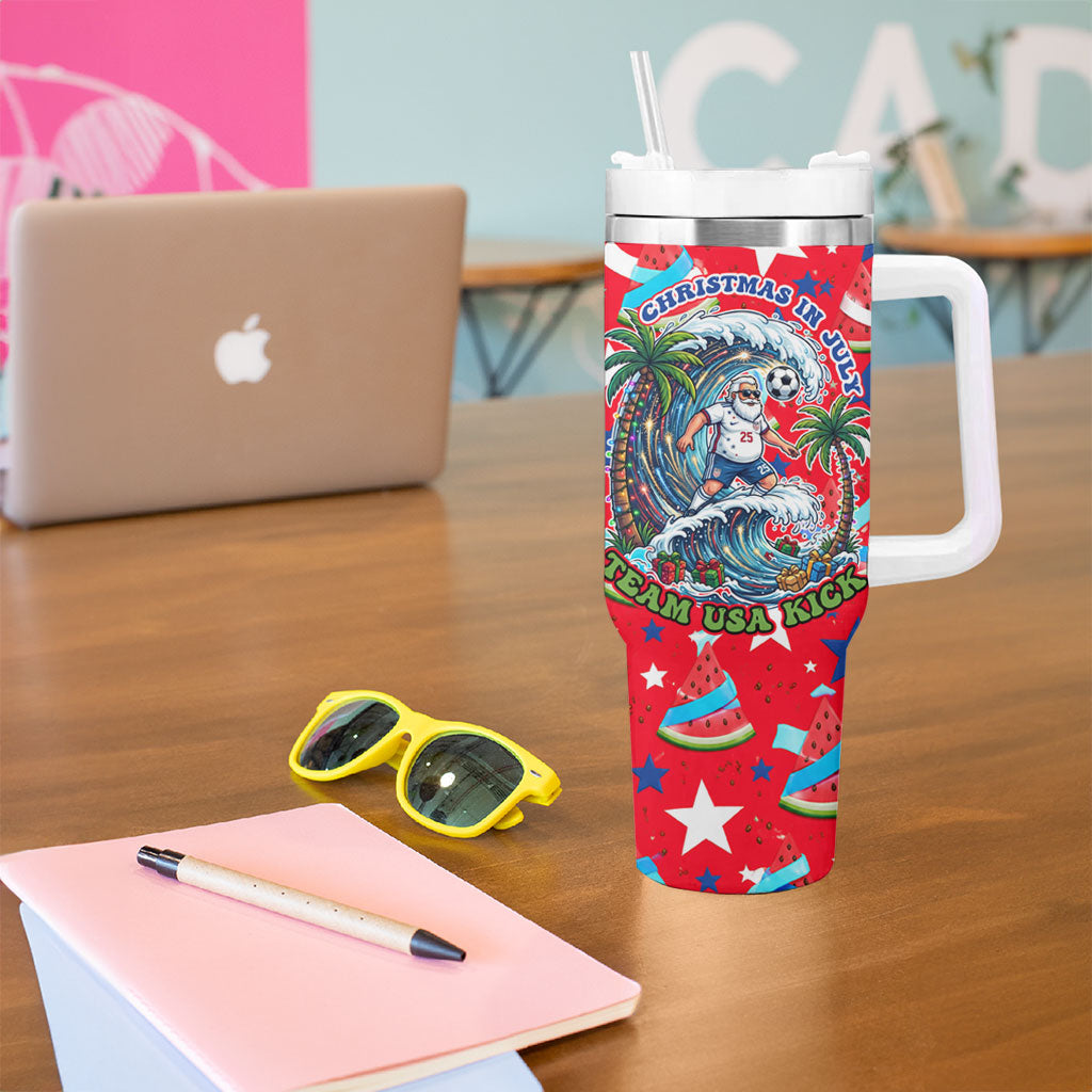 Christmas In July USA Soccer Tumbler With Handle Surfing Santa Flamingo Summer Watermelon