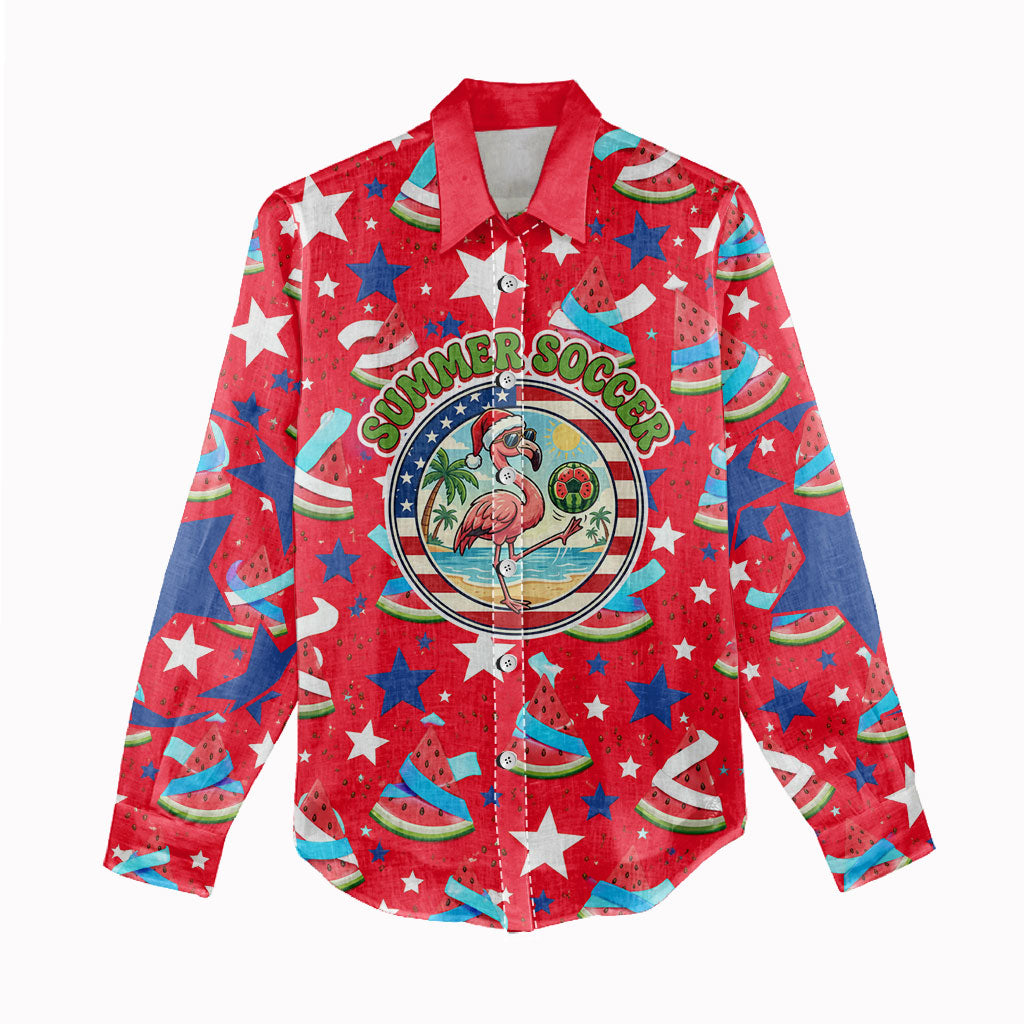 Christmas In July USA Soccer Women Casual Shirt Surfing Santa Flamingo Summer Watermelon