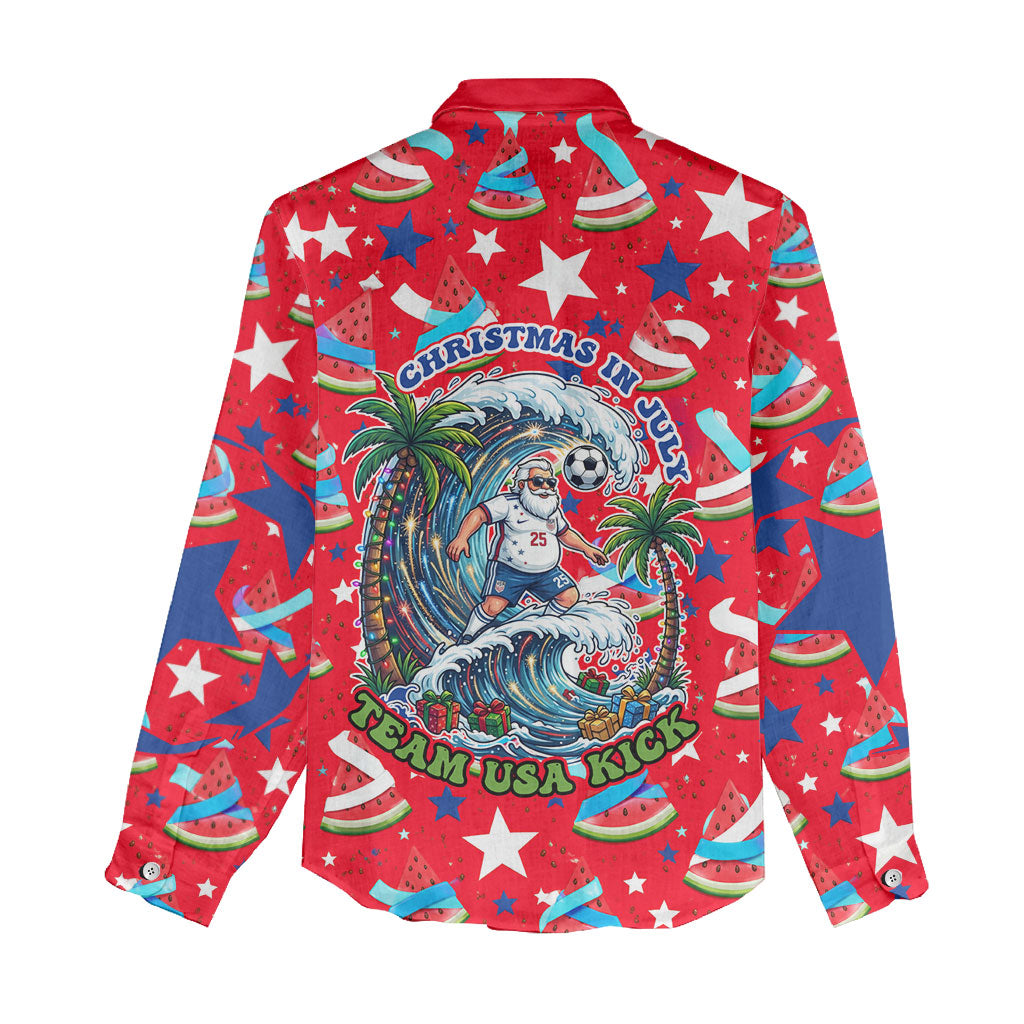 Christmas In July USA Soccer Women Casual Shirt Surfing Santa Flamingo Summer Watermelon