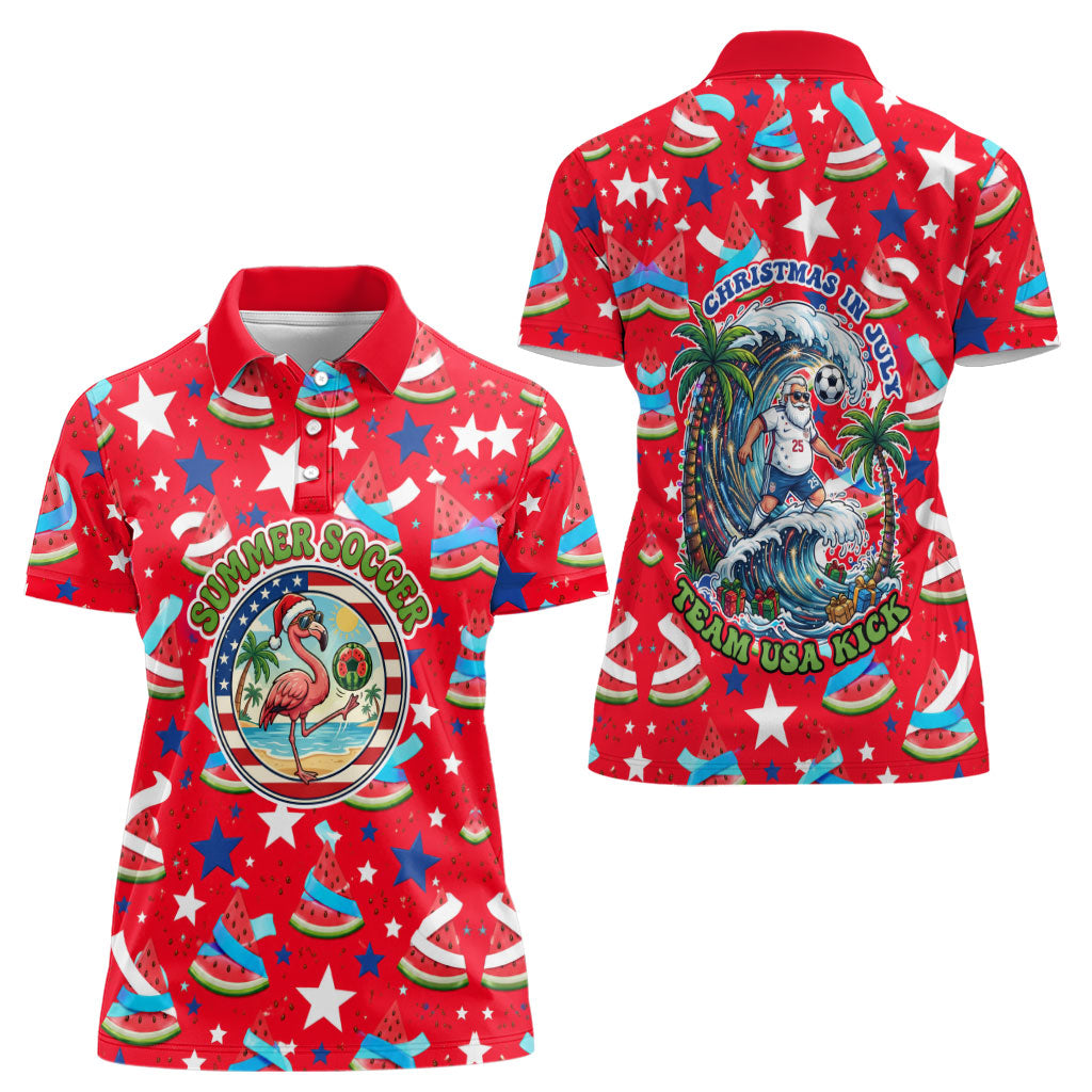 Christmas In July USA Soccer Women Polo Shirt Surfing Santa Flamingo Summer Watermelon