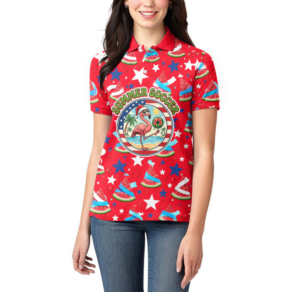 Christmas In July USA Soccer Women Polo Shirt Surfing Santa Flamingo Summer Watermelon