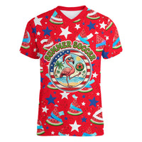 Christmas In July USA Soccer Women V-Neck T-Shirt Surfing Santa Flamingo Summer Watermelon