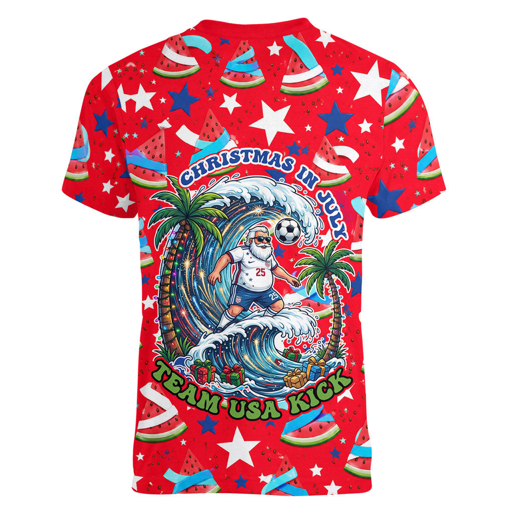 Christmas In July USA Soccer Women V-Neck T-Shirt Surfing Santa Flamingo Summer Watermelon