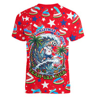 Christmas In July USA Soccer Women V-Neck T-Shirt Surfing Santa Flamingo Summer Watermelon