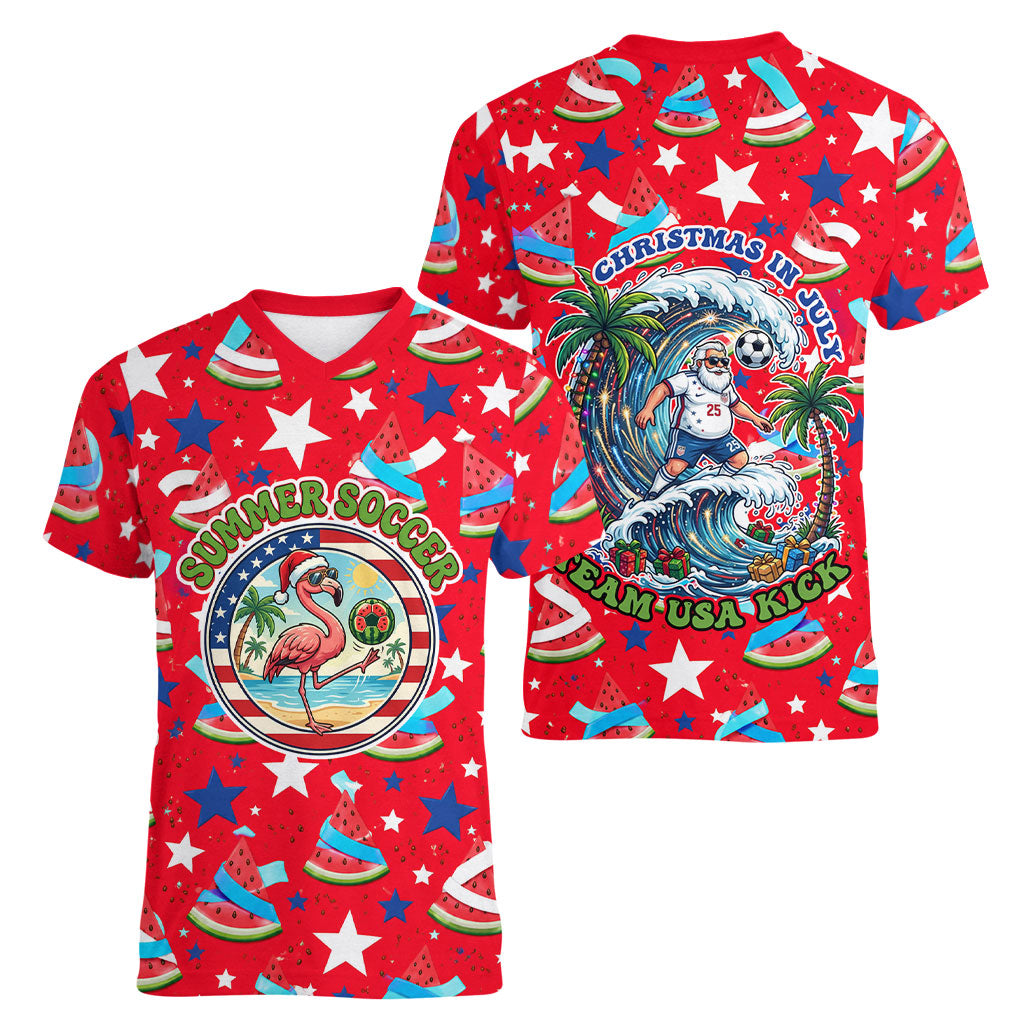 Christmas In July USA Soccer Women V-Neck T-Shirt Surfing Santa Flamingo Summer Watermelon